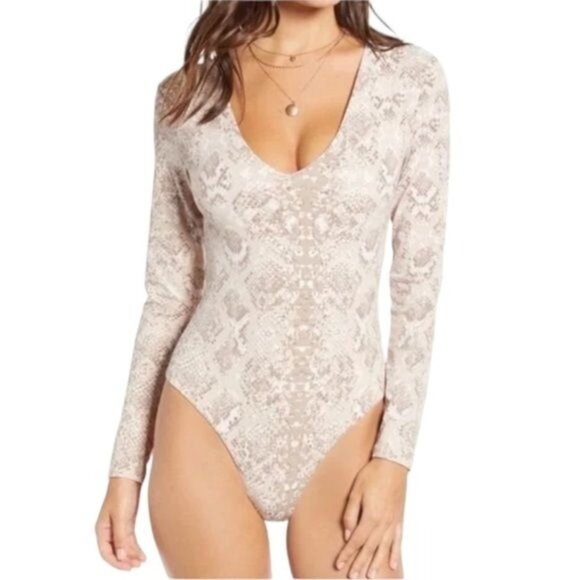 Leith Snake Print Bodysuit Women L Beige Polyester Spandex Stretchy Chic V-Neck - Picture 3 of 8